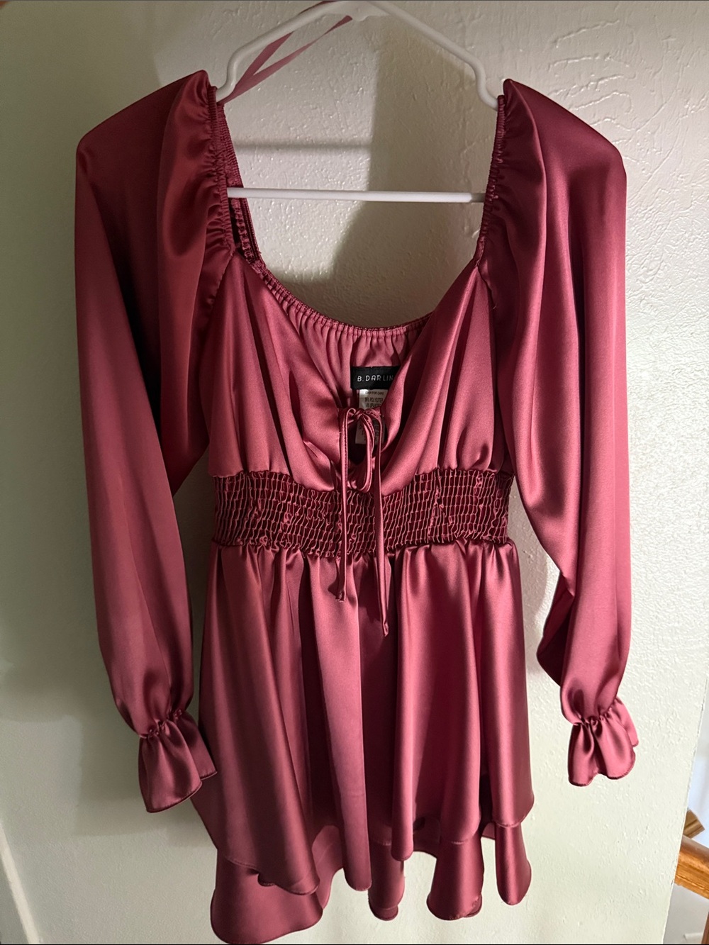 B Darlin Rose Pink Satin Smocked-Waist Long Sleeve Tunic